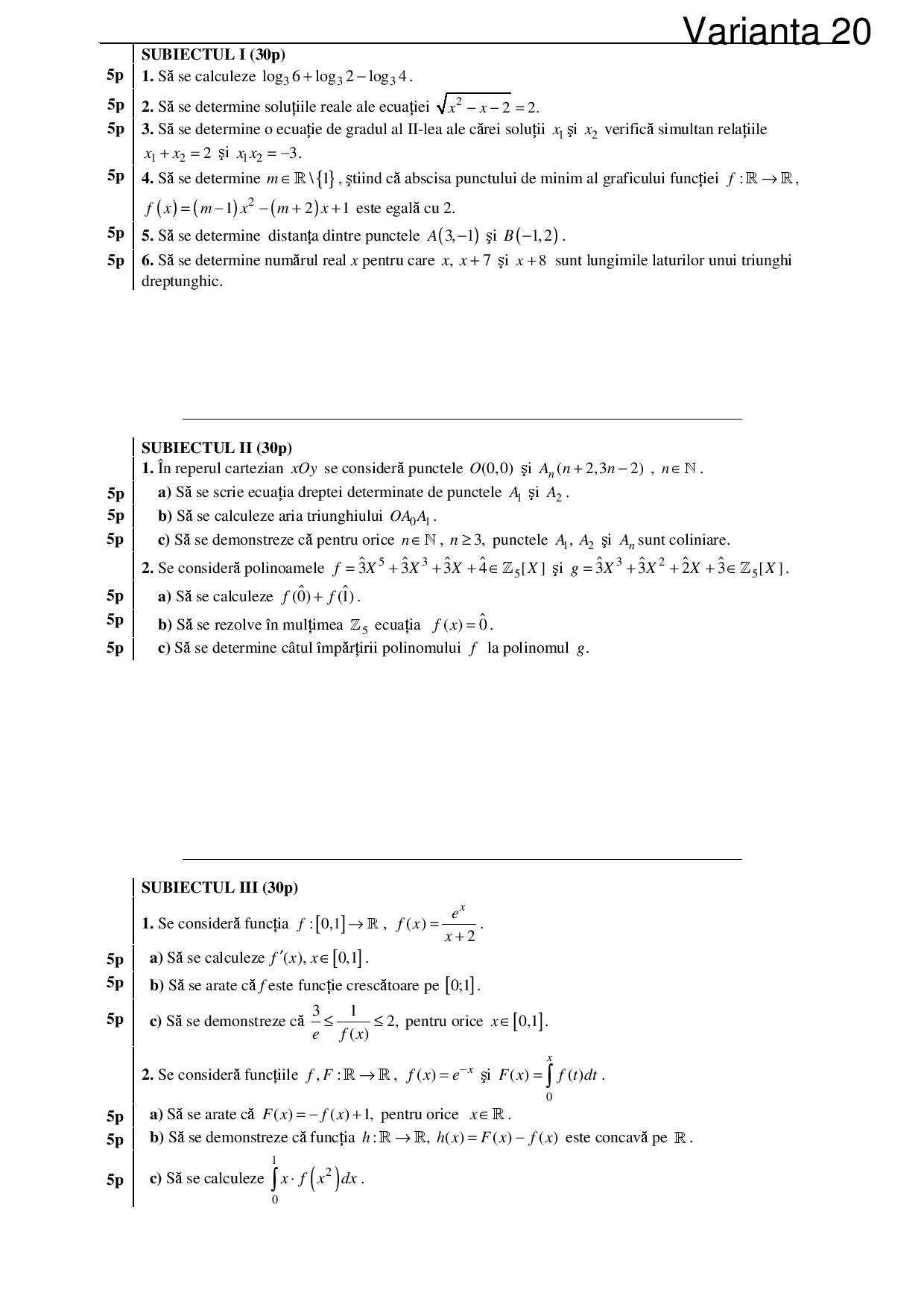 100 Variante Bac Matematica M2 2010 100 de subiecte de Matematica pentru examenul de bacalaureat, profil M2